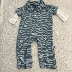 EUC Kickee Pants Preemie - Long Sleeve Polo Romper Dusty Sky Tortoise Shell